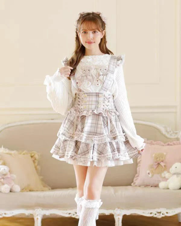 Original Japanese Mines Lolita Strap Skirts Women High Waist and Thin Frilly Pleated Skirt College Style Liz Girl Plaid Skirt