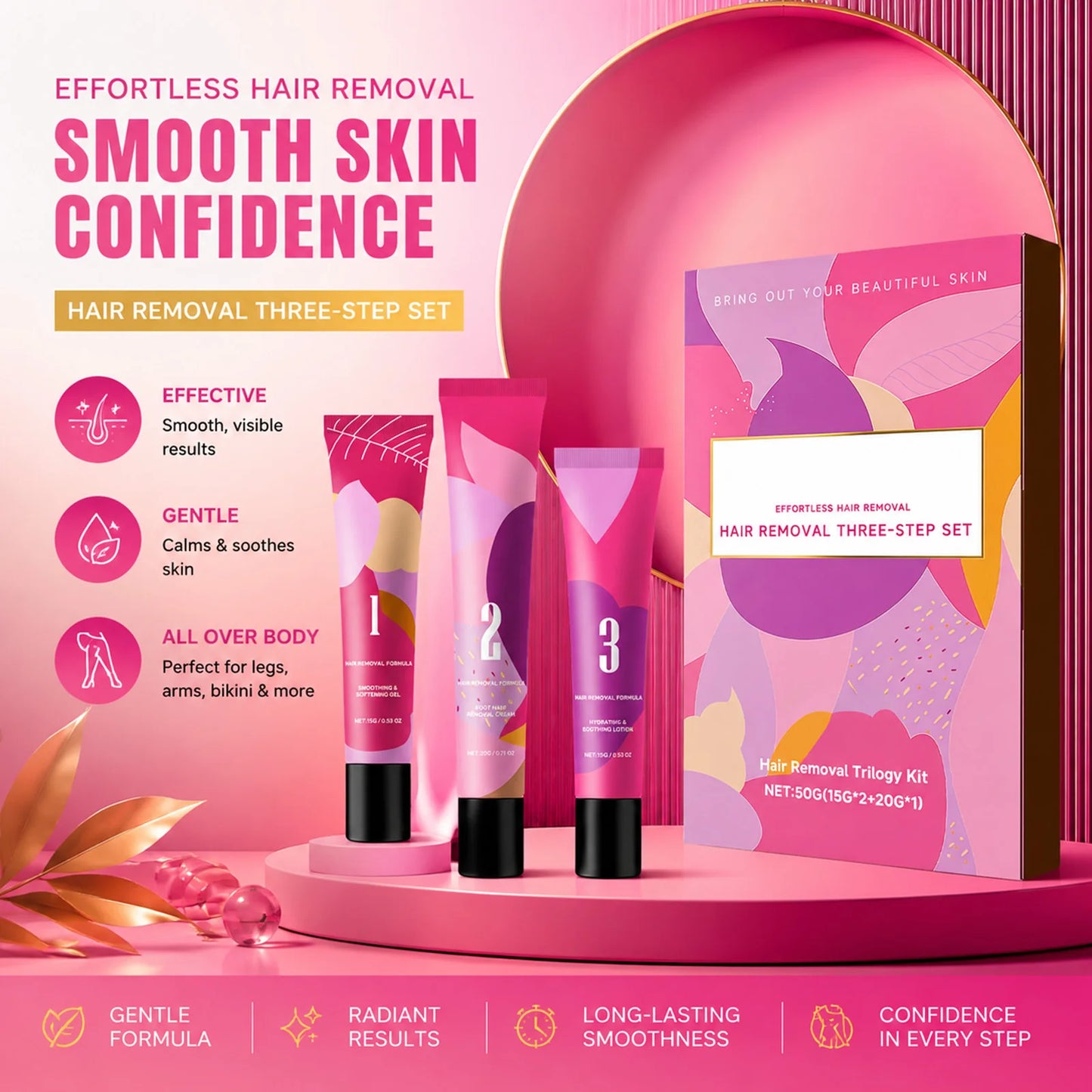 3Step Hair Removal Trilogy Kit Gentle Facial Depilatory Set Painless Hair Remover Soothing Lotion Cream With Softening Gel