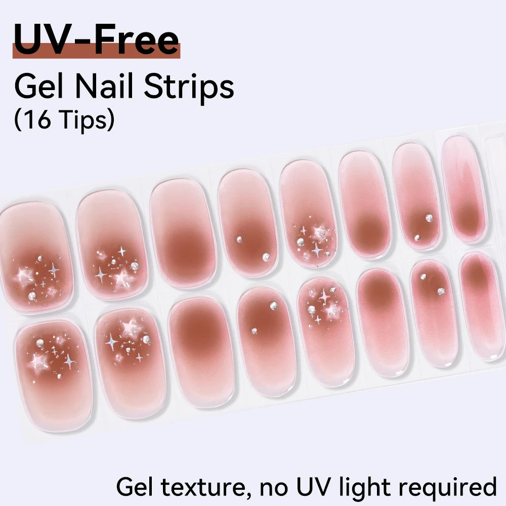UV FREE Fully Cured Gel Nail Strips 16/22 Tips Self Adhesive Gel Nail Stickers DIY Nail Art Manicure DON'T NEED UV LAMP