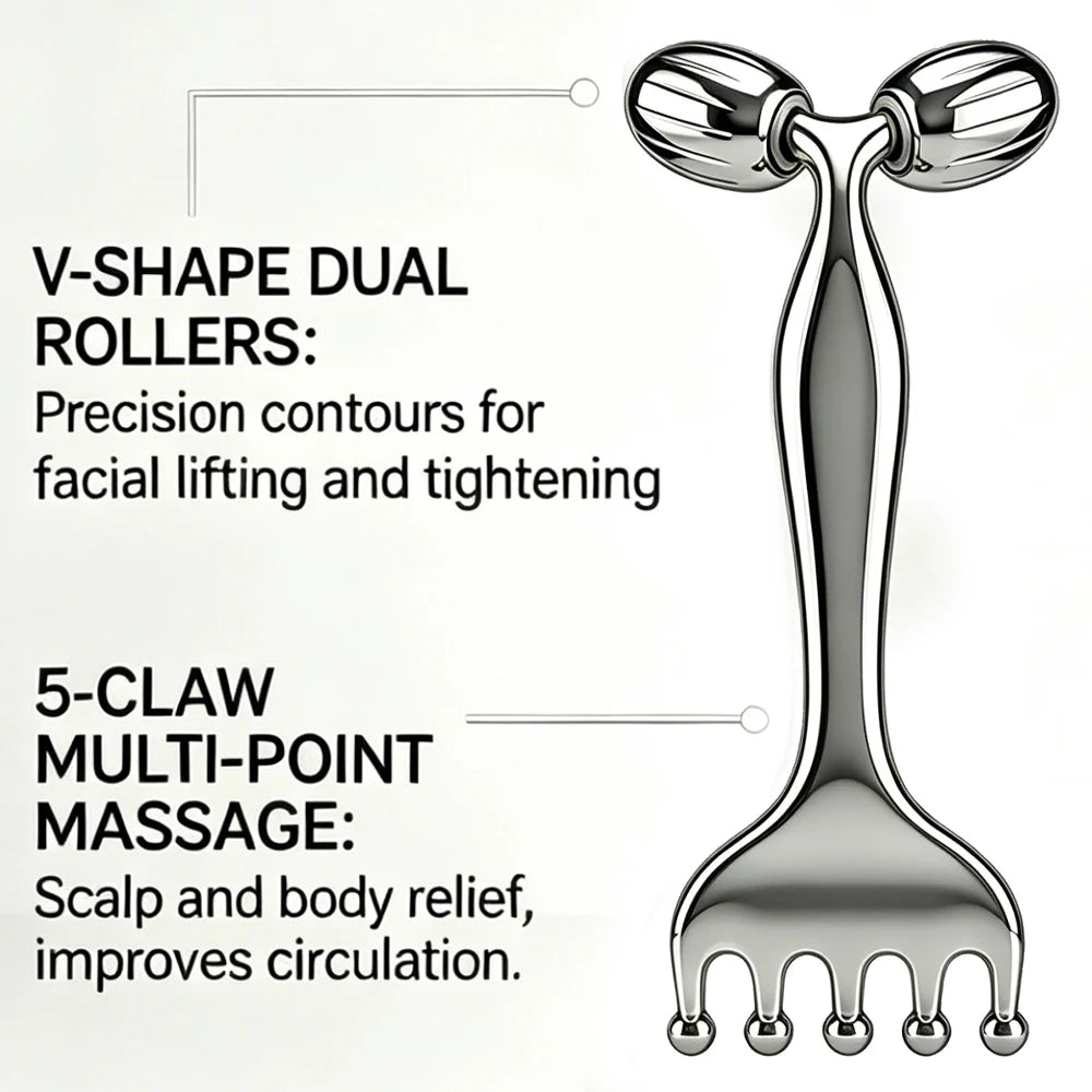 Stainless Steel Face Roller & Gua Sha, Facial Massager with Scalp Comb, Skin Lifting & Puffiness Reducing Massage Tools for Face