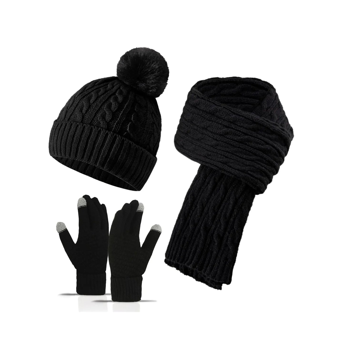 Women Winter 3Pcs Set Pom Pom Beanie Hat Scarf Touch Screen Gloves Sequin Knitted Warm Outdoor Accessories Christmas Gifts