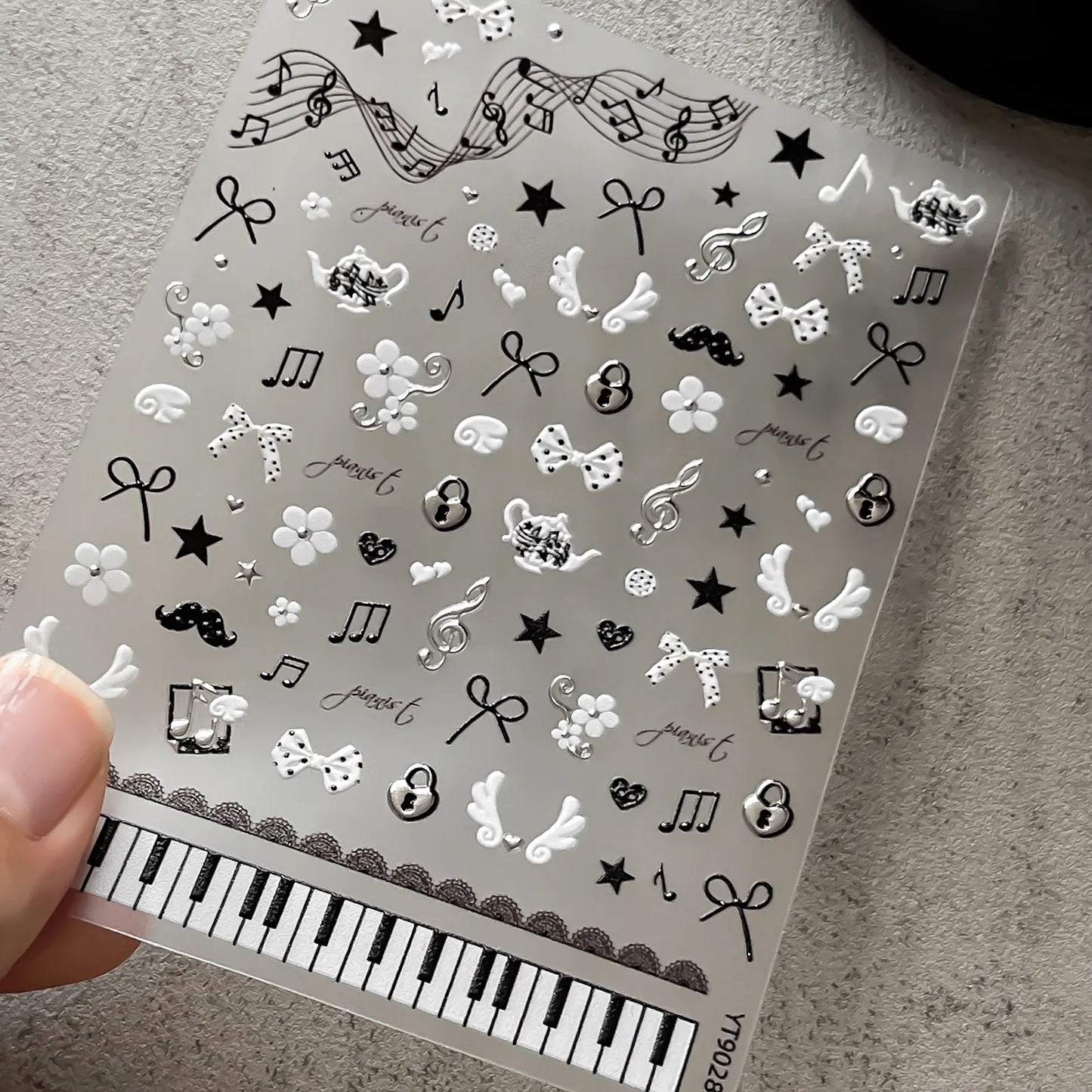 Black White Piano Note Nail Stickers Retro Music Style Sweet And cool Nail Stickers 3D Self-adhesive Nail Art Decorative Decals