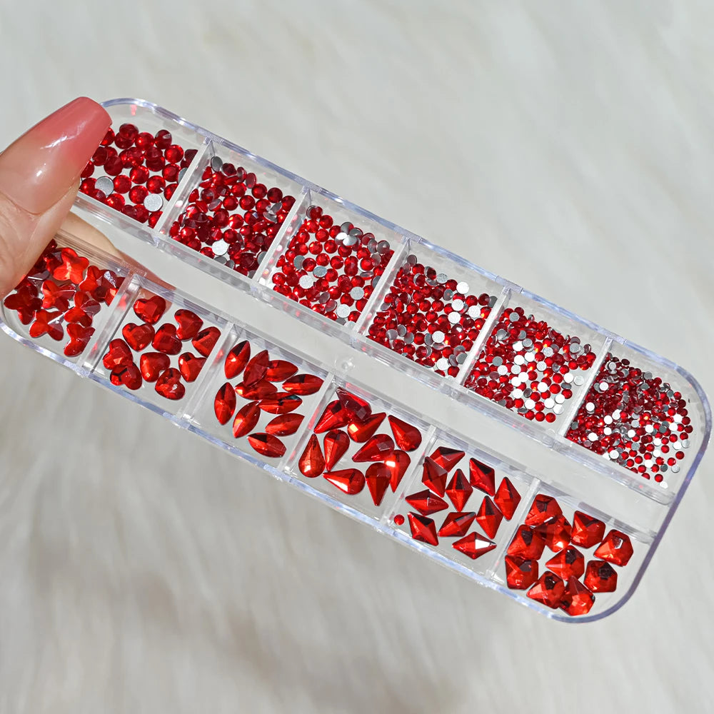 12Grids 3D Gold/Champagne Nail Art Rhinestones Mixed-Shapes Flat-Back Glass Diamonds Nails Charms Luxury DIY Manicure Decoration