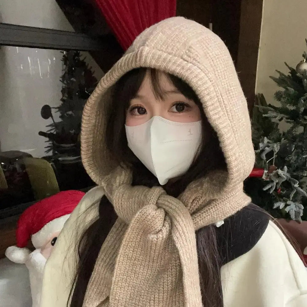 Winter Hats for Women Knitted Polyester Hooded Scarf Hat for Women Balaclava Knit Skull Cap Beanie Hat