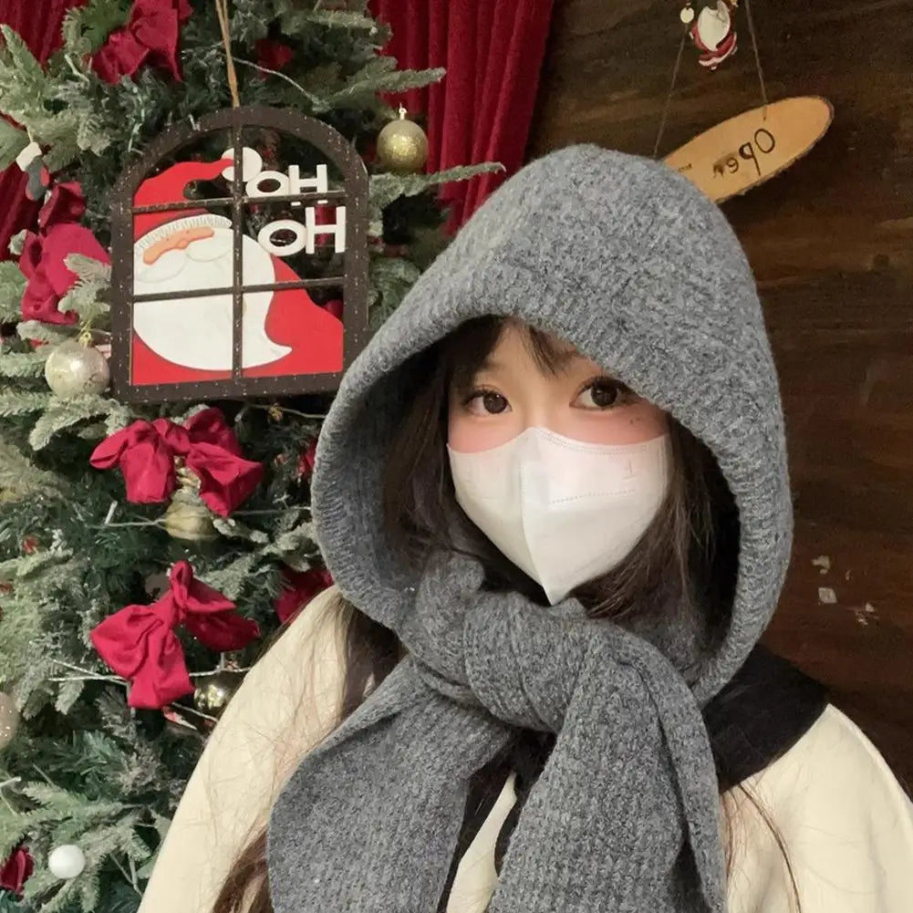 Winter Hats for Women Knitted Polyester Hooded Scarf Hat for Women Balaclava Knit Skull Cap Beanie Hat