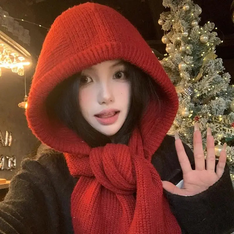 Winter Hats for Women Knitted Polyester Hooded Scarf Hat for Women Balaclava Knit Skull Cap Beanie Hat