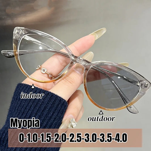 New Trend Women's Photochromic Myopia Glasses Men Ladies Stylish Cat Eye Color Changing Eyewear Anti-UV Near Sight Glasses