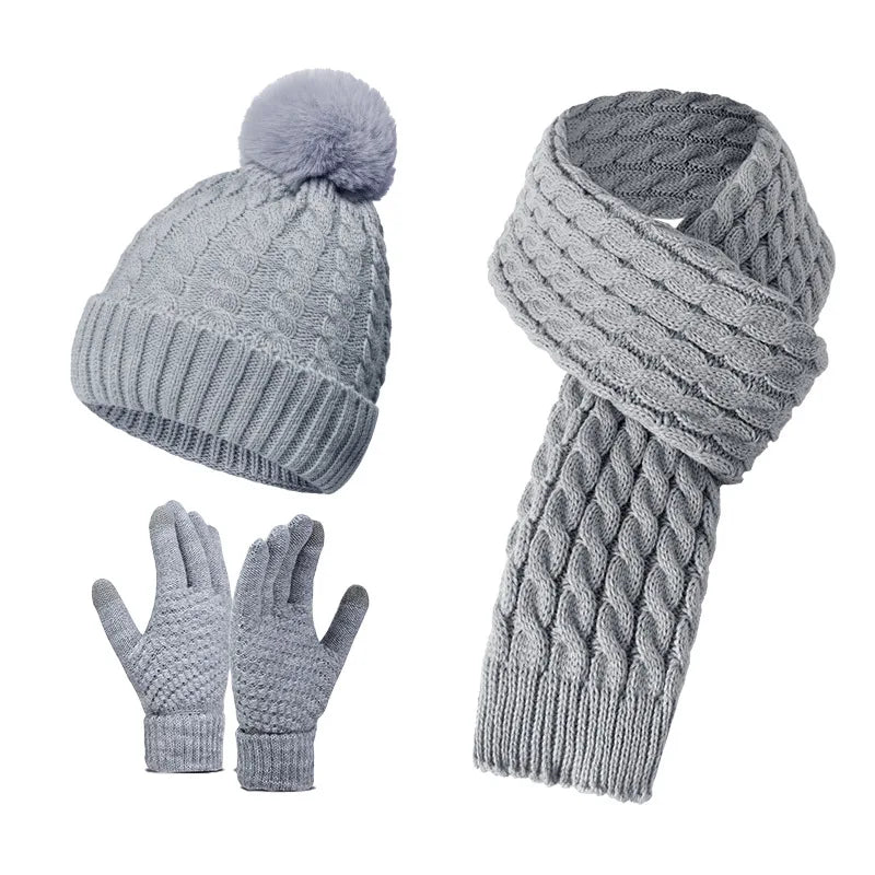 Women Winter 3Pcs Set Pom Pom Beanie Hat Scarf Touch Screen Gloves Sequin Knitted Warm Outdoor Accessories Christmas Gifts