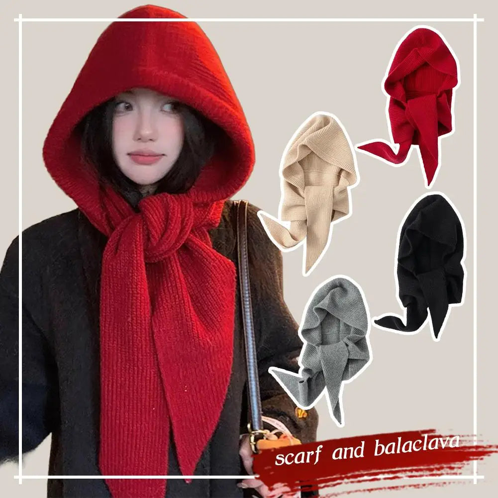 Winter Hats for Women Knitted Polyester Hooded Scarf Hat for Women Balaclava Knit Skull Cap Beanie Hat