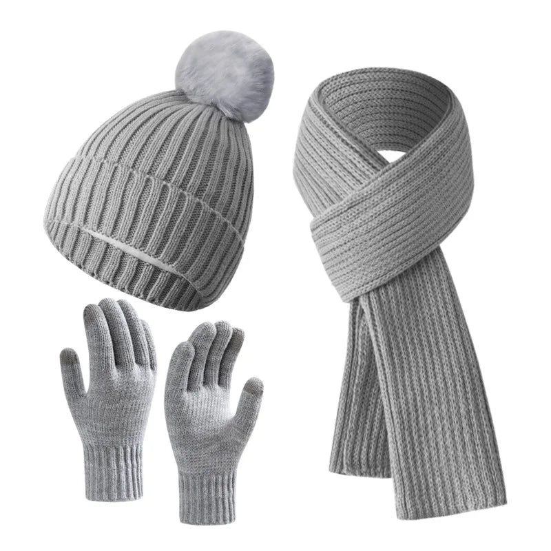 Women Winter 3Pcs Set Pom Pom Beanie Hat Scarf Touch Screen Gloves Sequin Knitted Warm Outdoor Accessories Christmas Gifts