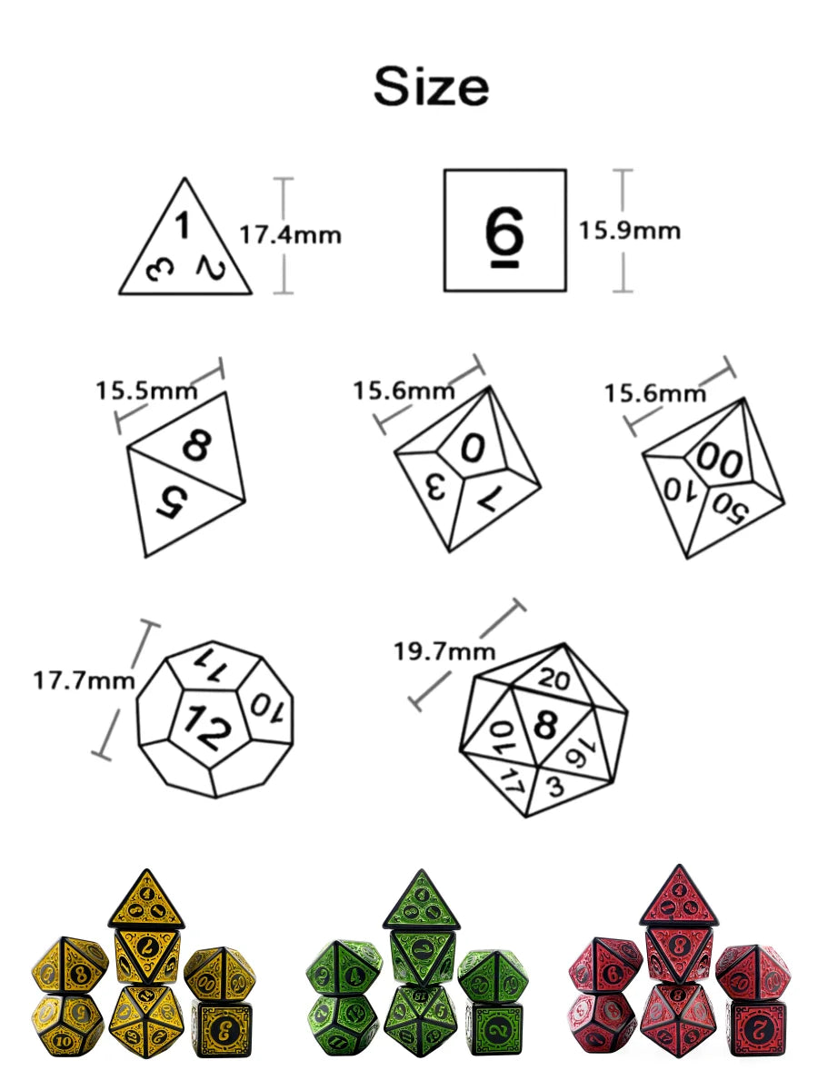 DNDGame Polyhedral Dice Set with Textures Pattern 7pcs of D4 D6 D8 D10 D% D12 D20 for RPG Board Game Accessories