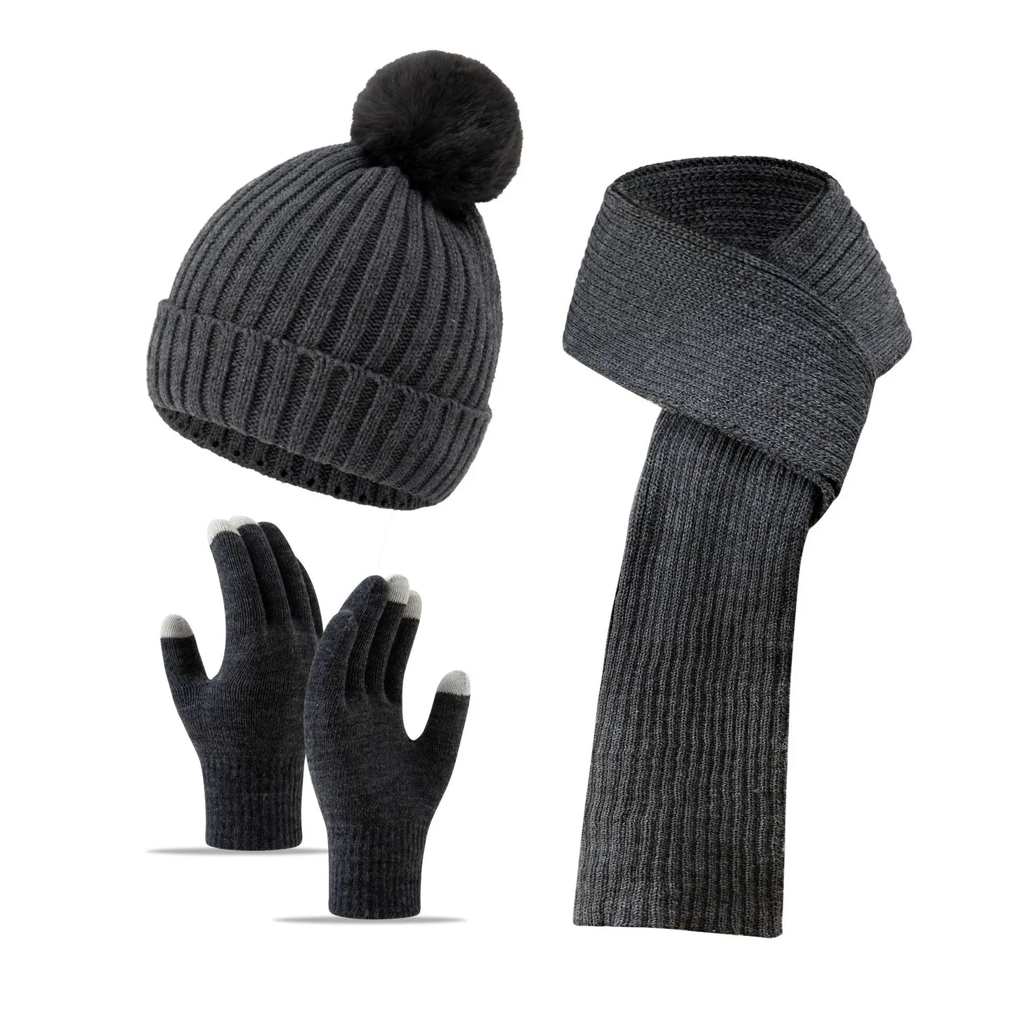 Women Winter 3Pcs Set Pom Pom Beanie Hat Scarf Touch Screen Gloves Sequin Knitted Warm Outdoor Accessories Christmas Gifts
