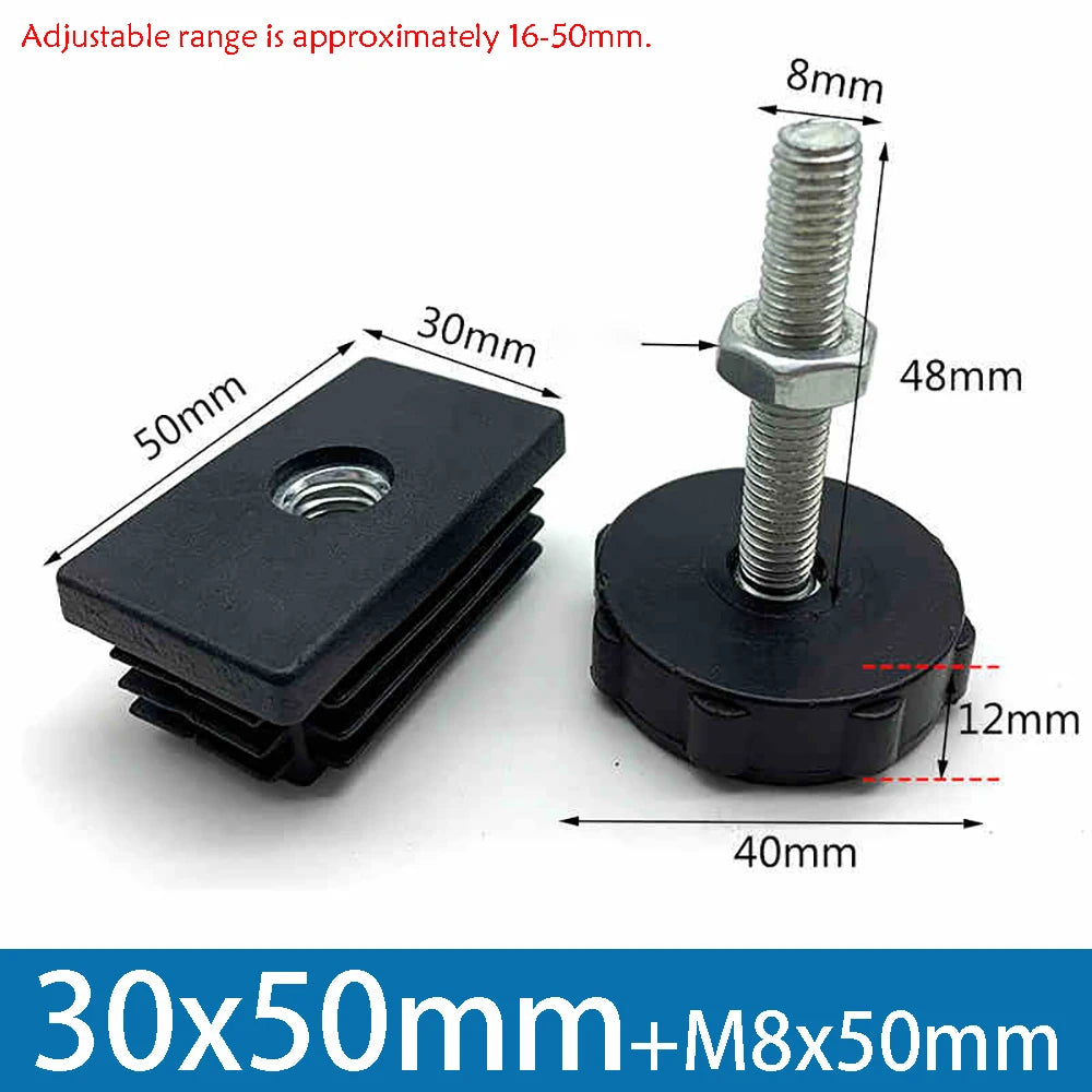 1-10Pcs Table Leg Plug With Nut and Adjustable Feet M8/M0x50/100mm Black Square/Round Furniture Rack Height Adjustable Foot Cup
