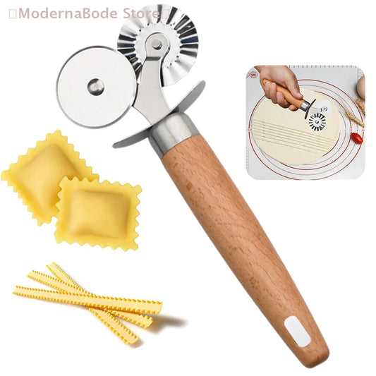 【M】Pasta Cutter Wheel - Fluted Pastry Cutter Double Wheel Ravioli Cutter Tool With Wooden Handle For Pasta Pizza Ravioli Cookie