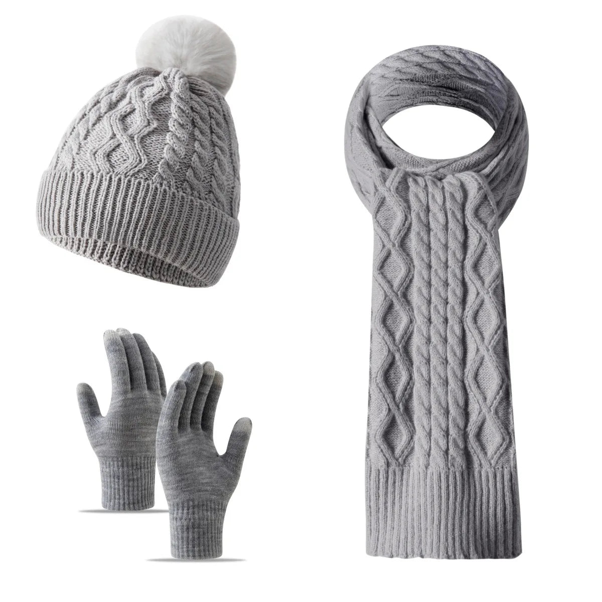 Women Winter 3Pcs Set Pom Pom Beanie Hat Scarf Touch Screen Gloves Sequin Knitted Warm Outdoor Accessories Christmas Gifts