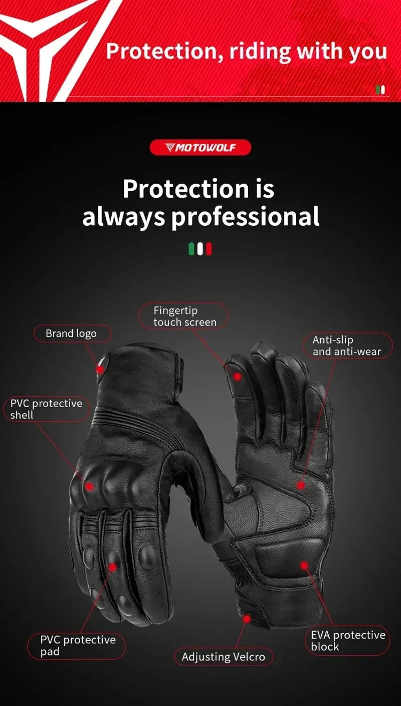 Motowolf Winter Motorcycle Bike Warmer Gloves Windproof Thermal Touch Screen for Men Women Genuine Leather Riding Accessories