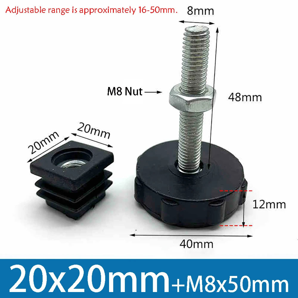 1-10Pcs Table Leg Plug With Nut and Adjustable Feet M8/M0x50/100mm Black Square/Round Furniture Rack Height Adjustable Foot Cup
