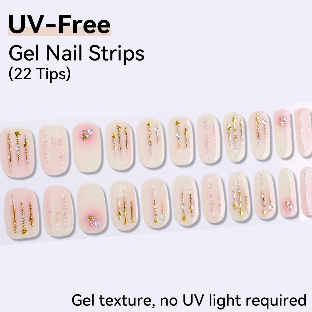 UV FREE Fully Cured Gel Nail Strips 16/22 Tips Self Adhesive Gel Nail Stickers DIY Nail Art Manicure DON'T NEED UV LAMP