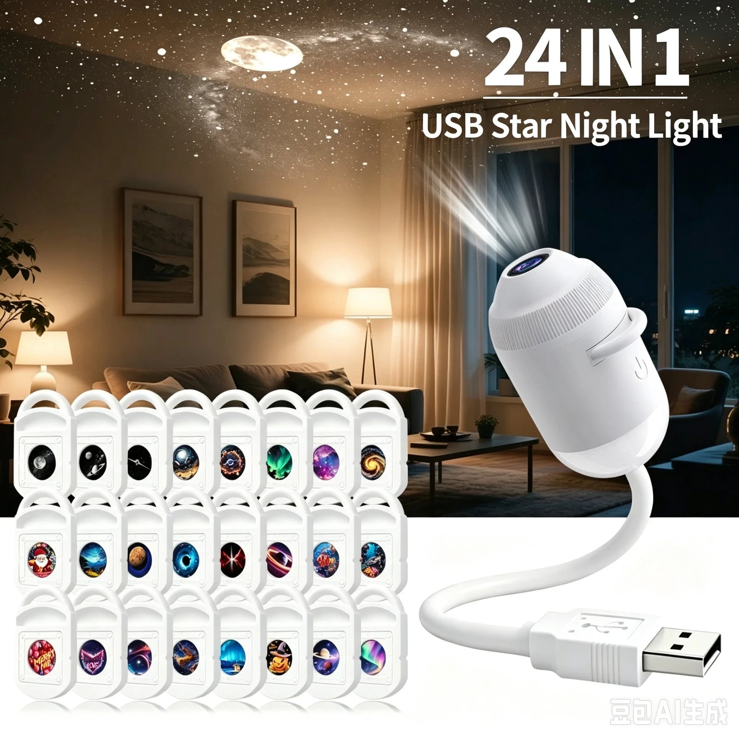 Galaxy Star Projector, 2-in-1 Portable Lamp with 12 Slides, 360° Adjustable Eye-Care LED Night Light for Bedroom Car Decor Gift