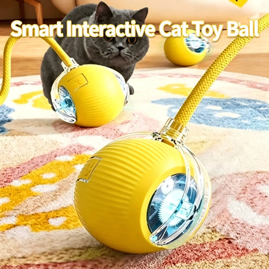 Smart Obstacle Avoidance Cat Ball Toy Adjustable Speed Electric Self Rolling Interactive Ball With Long Elastic Rope For Play