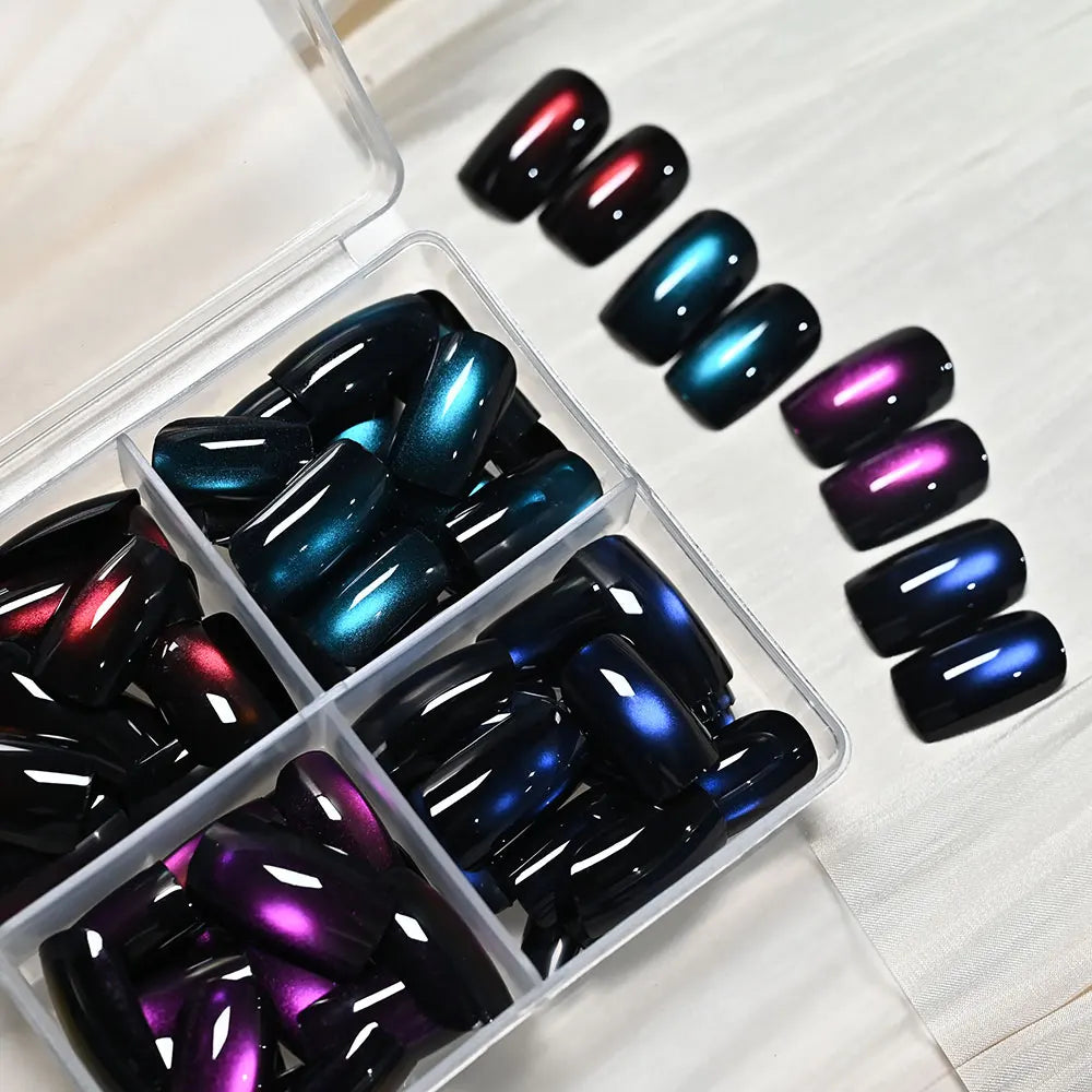 96pcs/box Short Square Cat Eye Press On Nails 4colors Glossy Glitter Cat Eye French Fake Nails Full Cover Acrylic Fake Nails Y2K