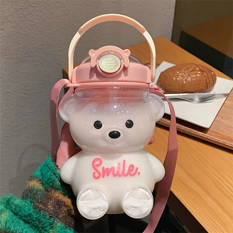 1000ml Large Capacity Cute Bear Water Bottle 2 in 1 Straw Cup for Girls Children  BPA Free Leakproof for School Sports Gift
