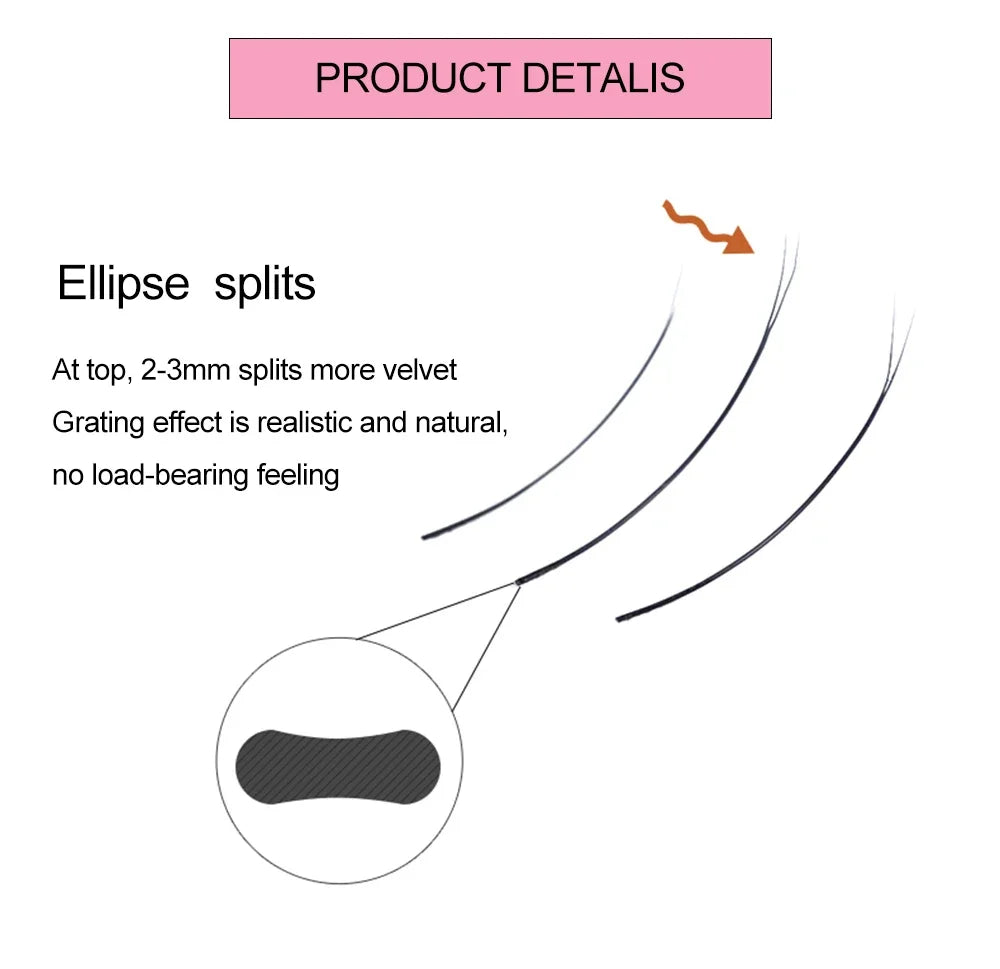 Yelix Flat Ellipse Eyelashes Split Tips Lashes 0.15mm 0.20mm Black Color False Eyelashes Super Soft Natural Eyelash Extension