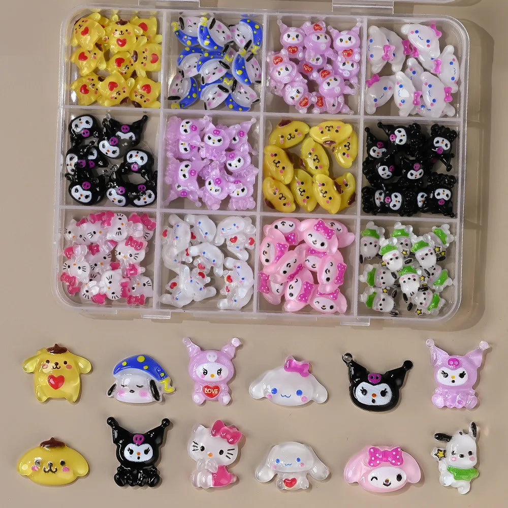 120PCS Boxed Mixed Sanrio Nail Charms Kuromi Cinnamoroll My Melody Resin Nail Decor DIY Manicure Nail Art Accessories
