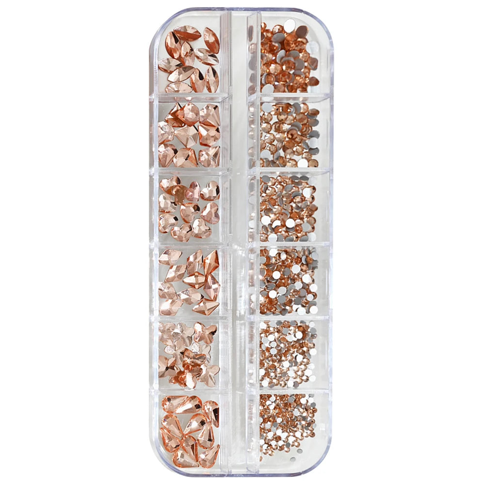 12Grids 3D Gold/Champagne Nail Art Rhinestones Mixed-Shapes Flat-Back Glass Diamonds Nails Charms Luxury DIY Manicure Decoration