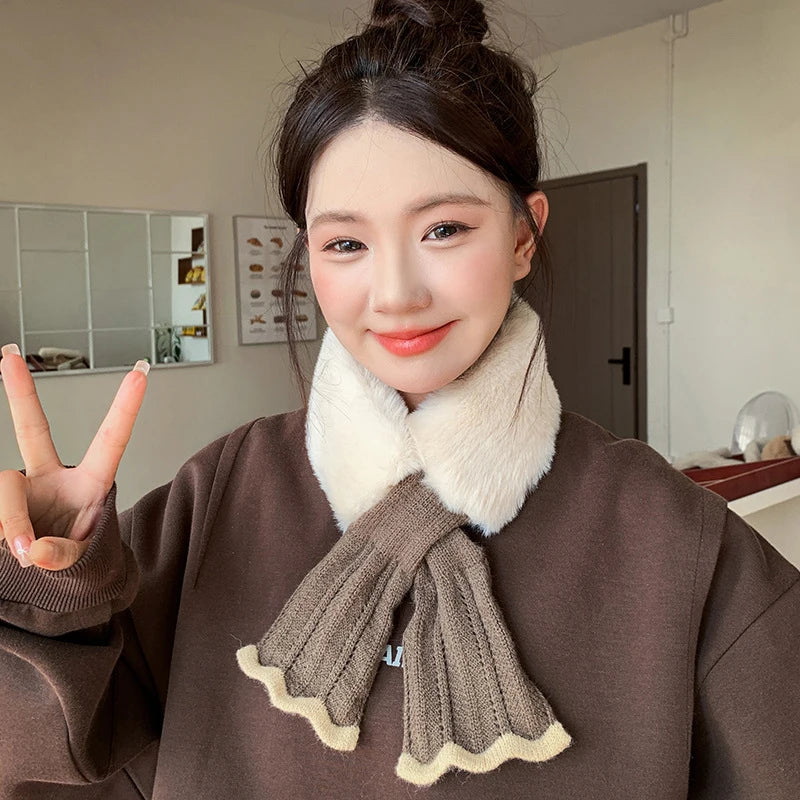 Winter Warm Cross Collar Women Scarf; Plush Thick Imitation Rabbit Fur; Windproof Neck Warmer for Outdoor Cycling