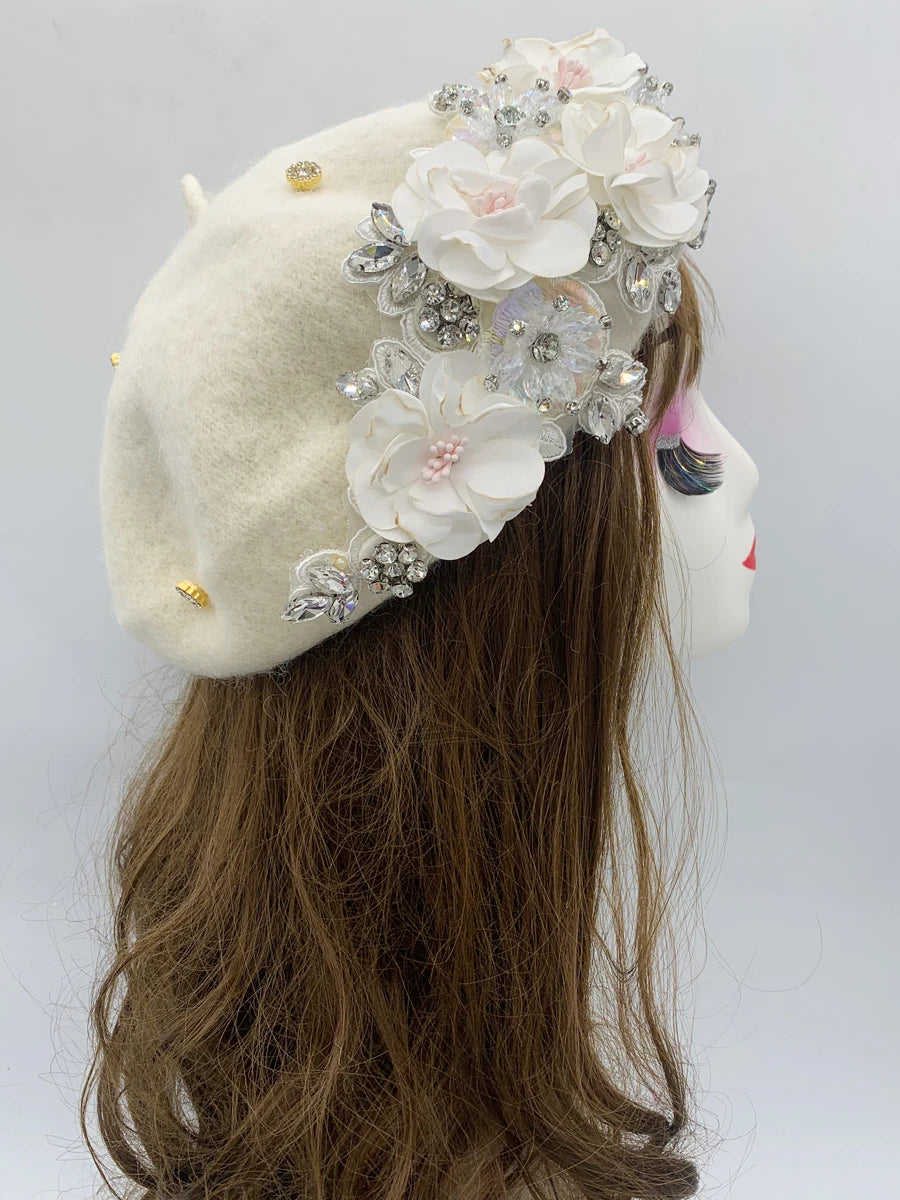 Winter Unique Designer Berets for Women Luxury Rhinestone Bouquet Turban Cap Exaggerated Painter Hat Female Winter Headpiece