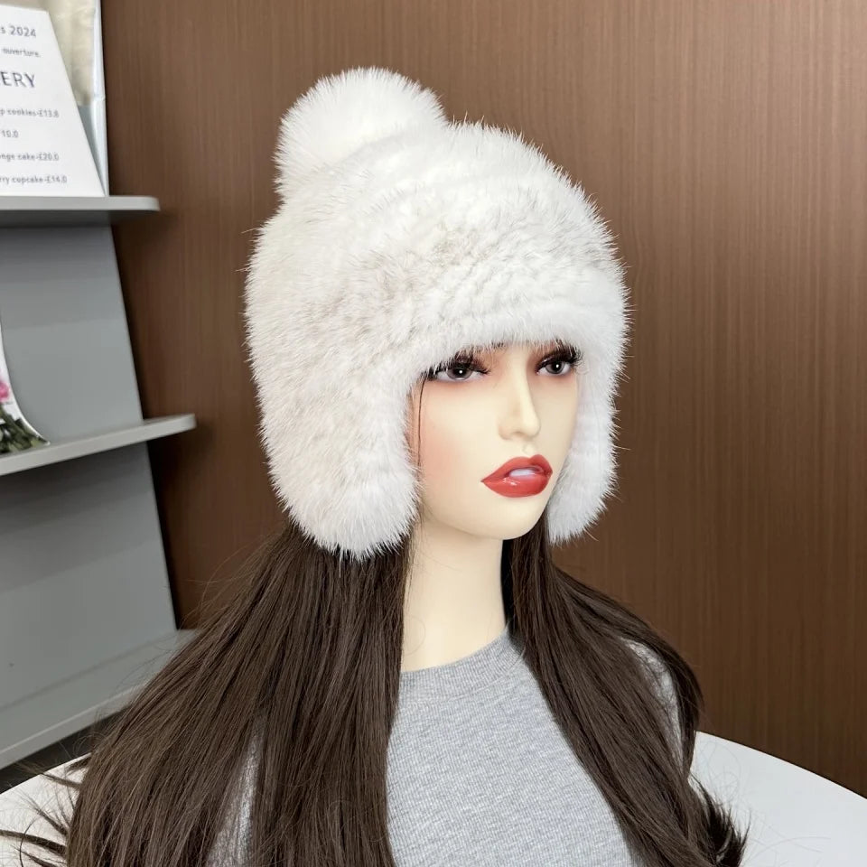 New Winter Ladies Real Mink Fur Hat Warm Thickened Ear Protection Knitted Cap Ladies Winter Fashion Accessories