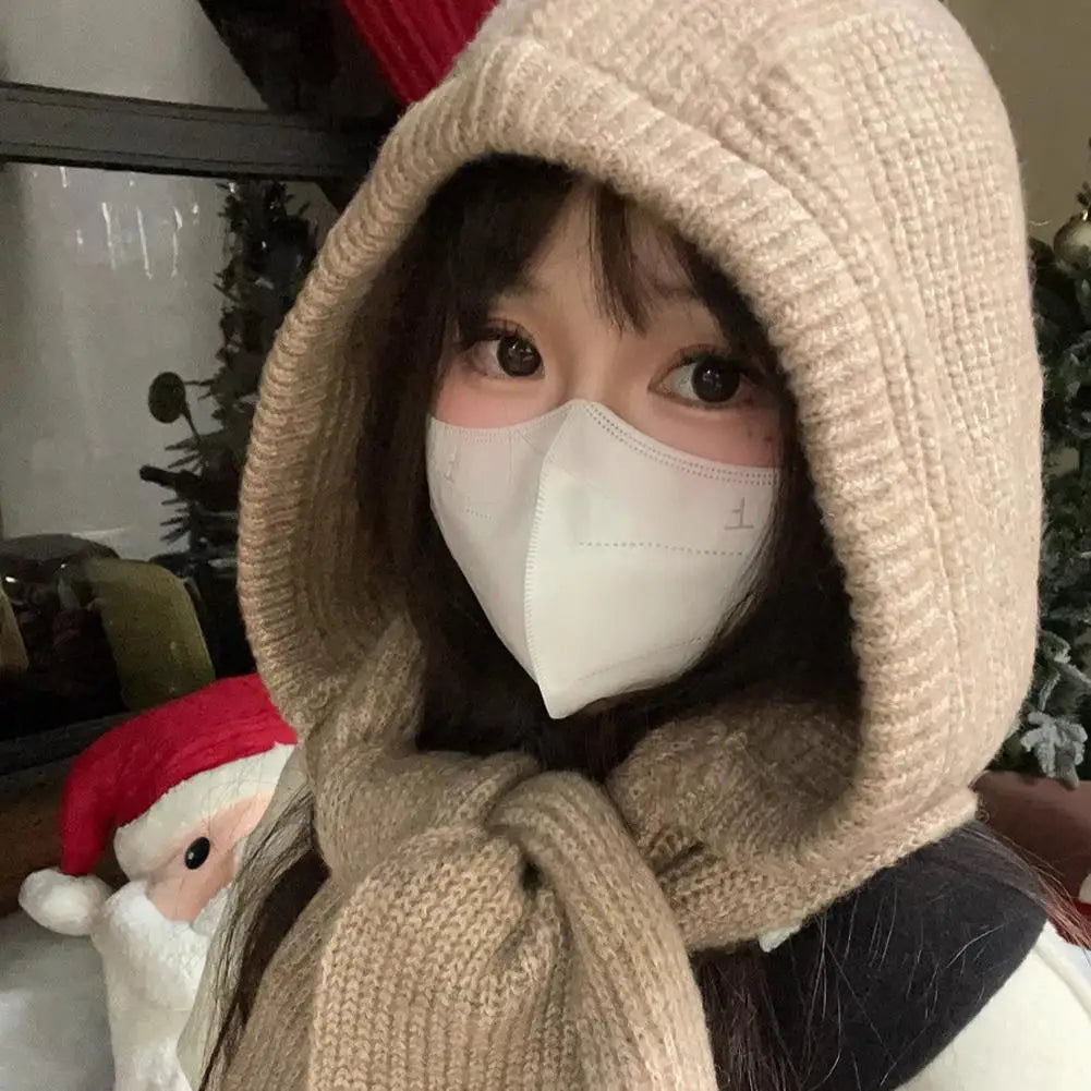 Winter Hats for Women Knitted Polyester Hooded Scarf Hat for Women Balaclava Knit Skull Cap Beanie Hat