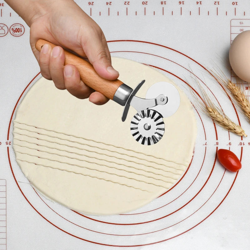 【M】Pasta Cutter Wheel - Fluted Pastry Cutter Double Wheel Ravioli Cutter Tool With Wooden Handle For Pasta Pizza Ravioli Cookie