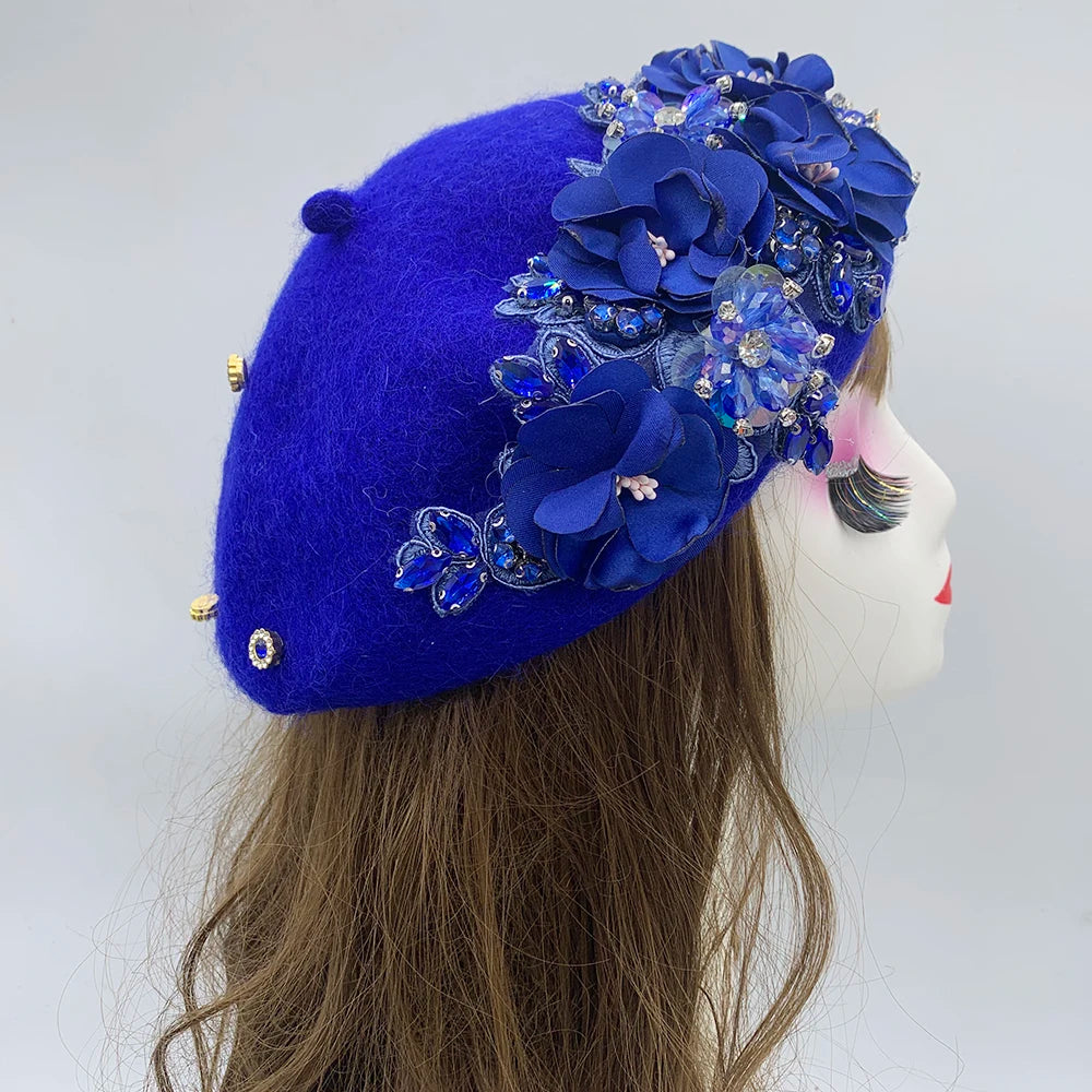Winter Unique Designer Berets for Women Luxury Rhinestone Bouquet Turban Cap Exaggerated Painter Hat Female Winter Headpiece