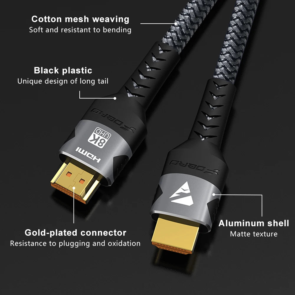 8K HDMI Cable 2.1 48Gbps  High Speed HDMI Braided Cord-4K@120Hz 8K@60Hz, DTS:X, HDCP 2.2 & 2.3, HDR 10 for Compatible Laptop/PS5