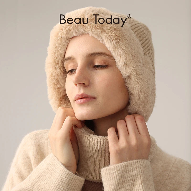BeauToday Winter Knitted Hat Women Faux Fur Ear Protection Beanies Female Hooded Neck Collar Adjustable Earflap Caps 96502