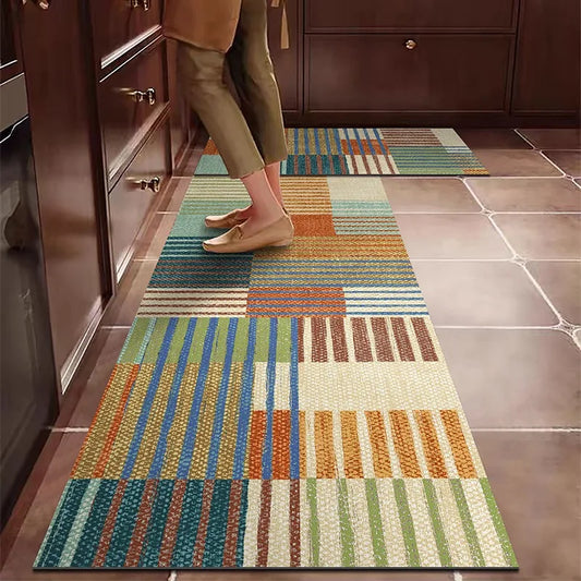 PVC Kitchen Carpet Waterproof Leather Floor Mat Oil-proof Non-slip Long Foot Mats Color Stripes Ethnic Style Home Decoration Rug