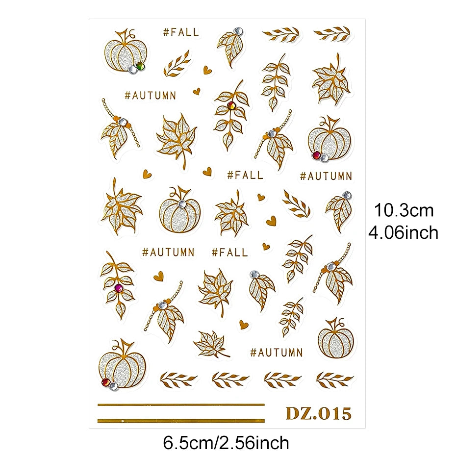 2pcs Golden Pumpkin Maple Leaf Nail Stickers Shiny Nail Art Decals Autumn Fall Mini Heart Leaves Manicure Decoration Accessories