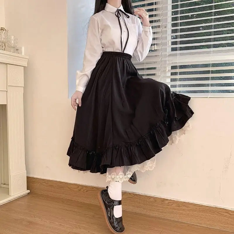 Black / White Long Skirts Y2K Vintage Lace Ruffled Pleated Goth Skirts Women Japanese Kawaii Preppy Style Korea Gothic Clothing