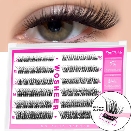 WOSHEER Self Adhesive Lash Clusters Pre Glued Eyelash Clusters No Glue Needed Lashes Wispy Eyelash Extensions Individual Lashes