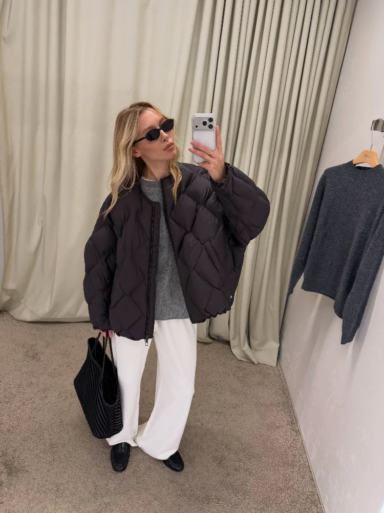 Women Diamond Quilted Puffer Jacket Stand Collar Zip Up Loose Oversized Short Coat 2026 Autumn Winter Casual Street Outerwear
