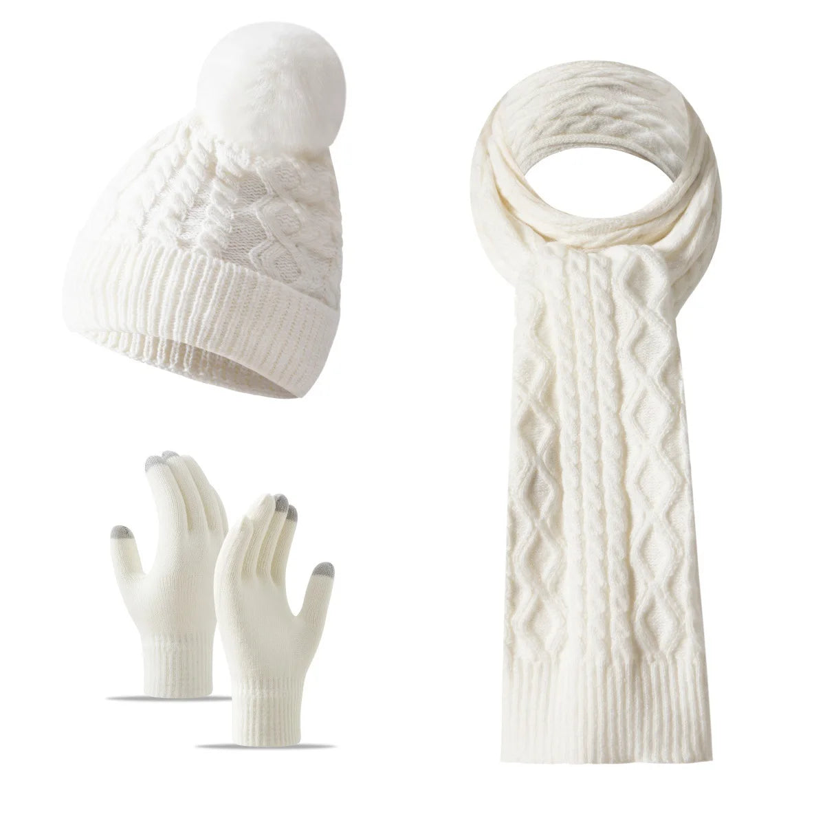 Women Winter 3Pcs Set Pom Pom Beanie Hat Scarf Touch Screen Gloves Sequin Knitted Warm Outdoor Accessories Christmas Gifts