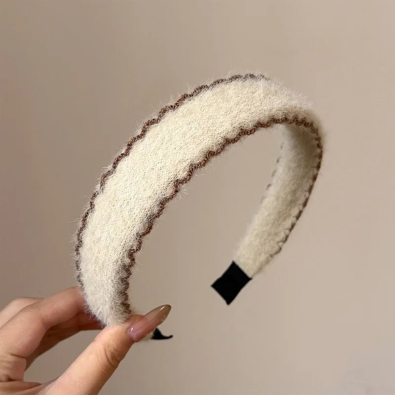 Autumn Winter Plush Ribbon Headbands Black White Cashmere Knit Hairband Women's Elegant Hair Accessories Warm Headwrap Non-slip