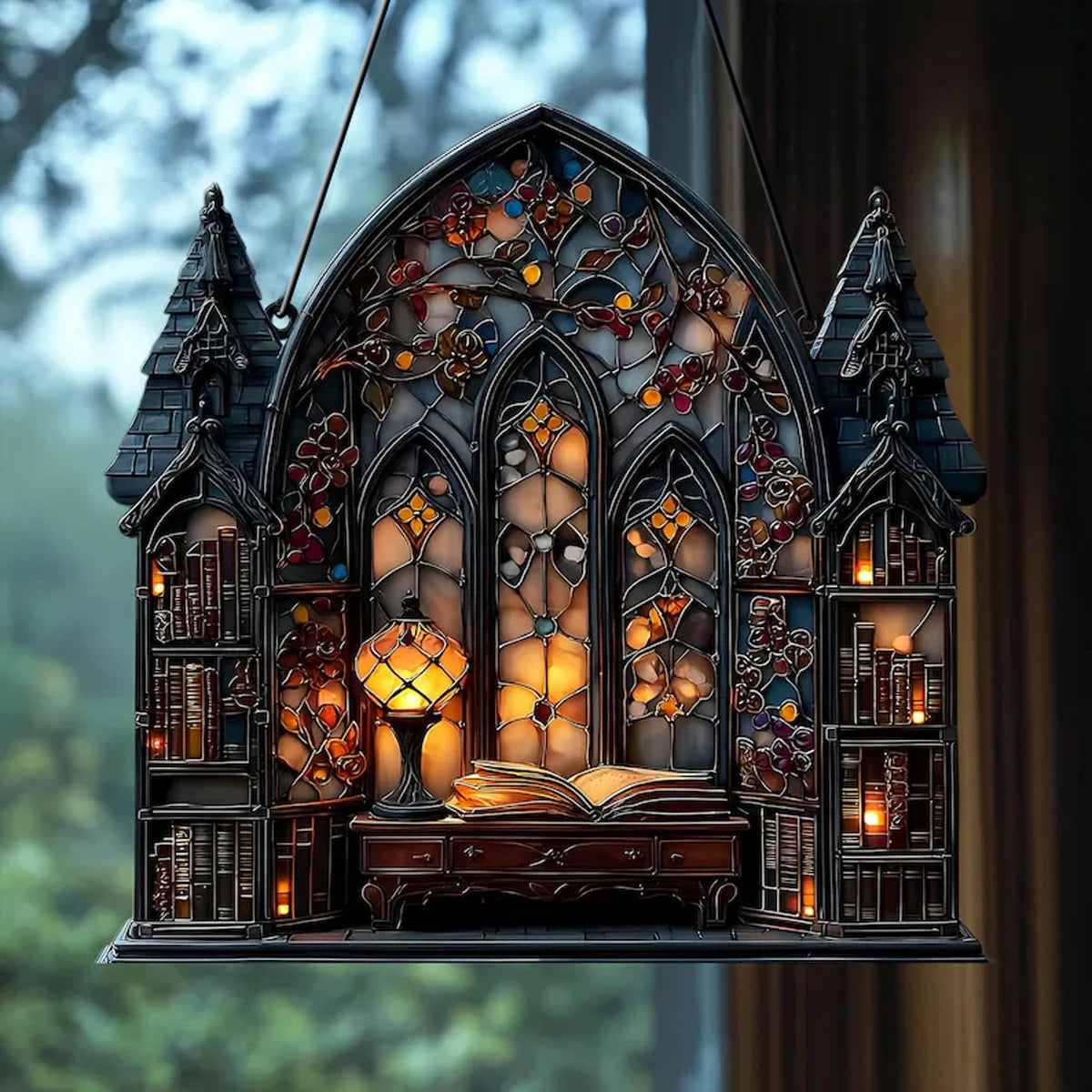 Halloween Gothic House Hanging Decor Acrylic Building Shape with Book & Lantern Design Window Pendant Art Wall Ornament for Home