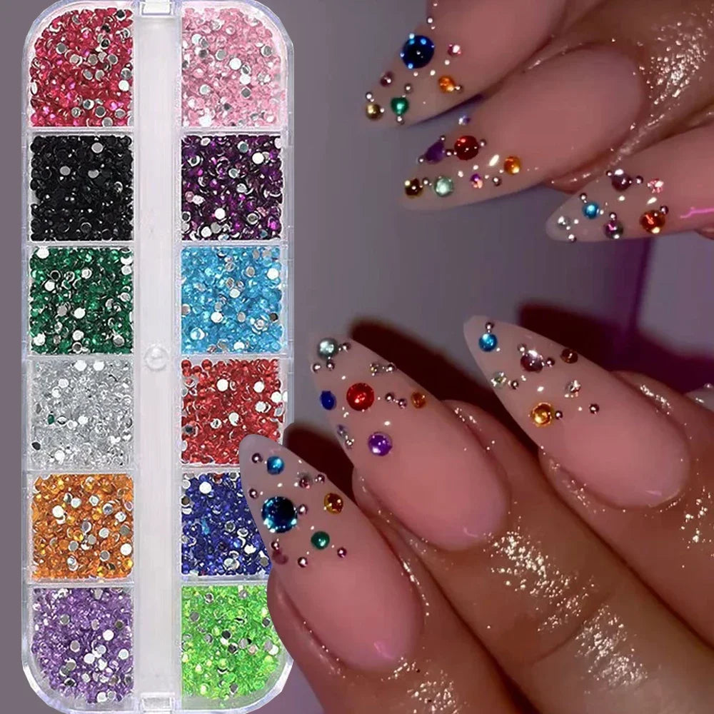 12 Grids Mixed Size Acrylic Flatback Rhinestones, 2/3/4mm Shiny Crystal Look Gems DIY Manicure Decor Charms