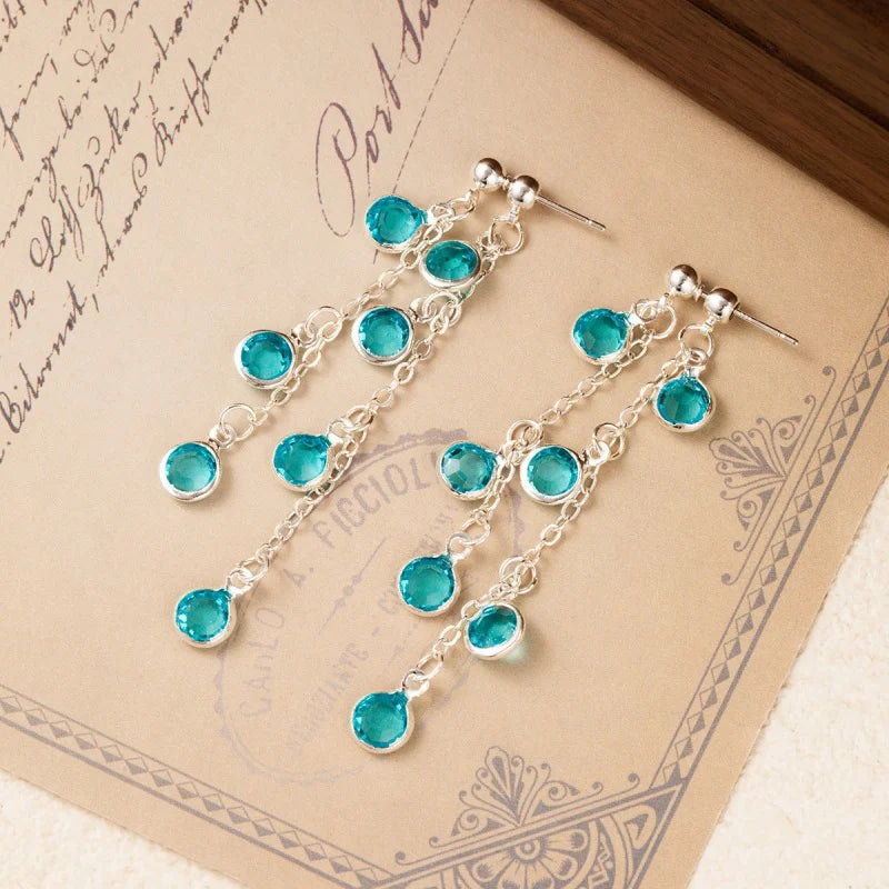 Sparkling Blue Crystal Water Droplet Tassel Earrings with Elegant Long Style And Unique Design For Women's Earrings