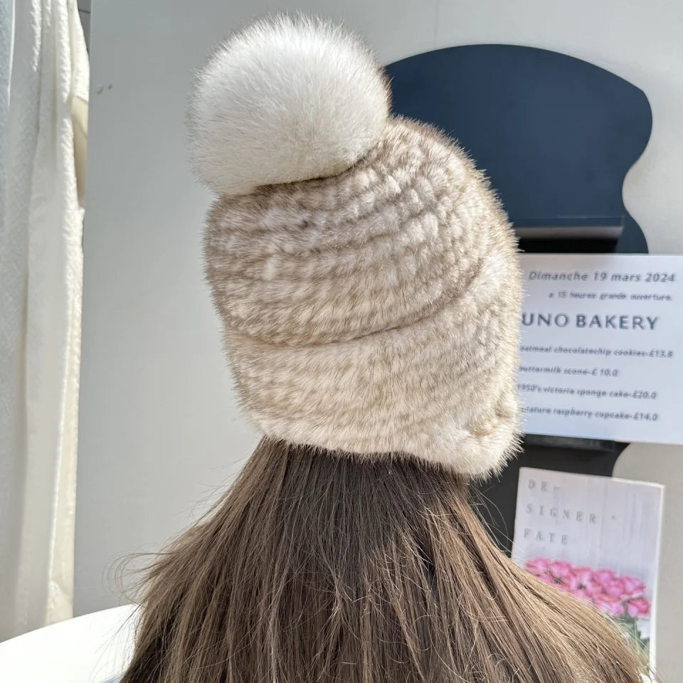 New Winter Ladies Real Mink Fur Hat Warm Thickened Ear Protection Knitted Cap Ladies Winter Fashion Accessories