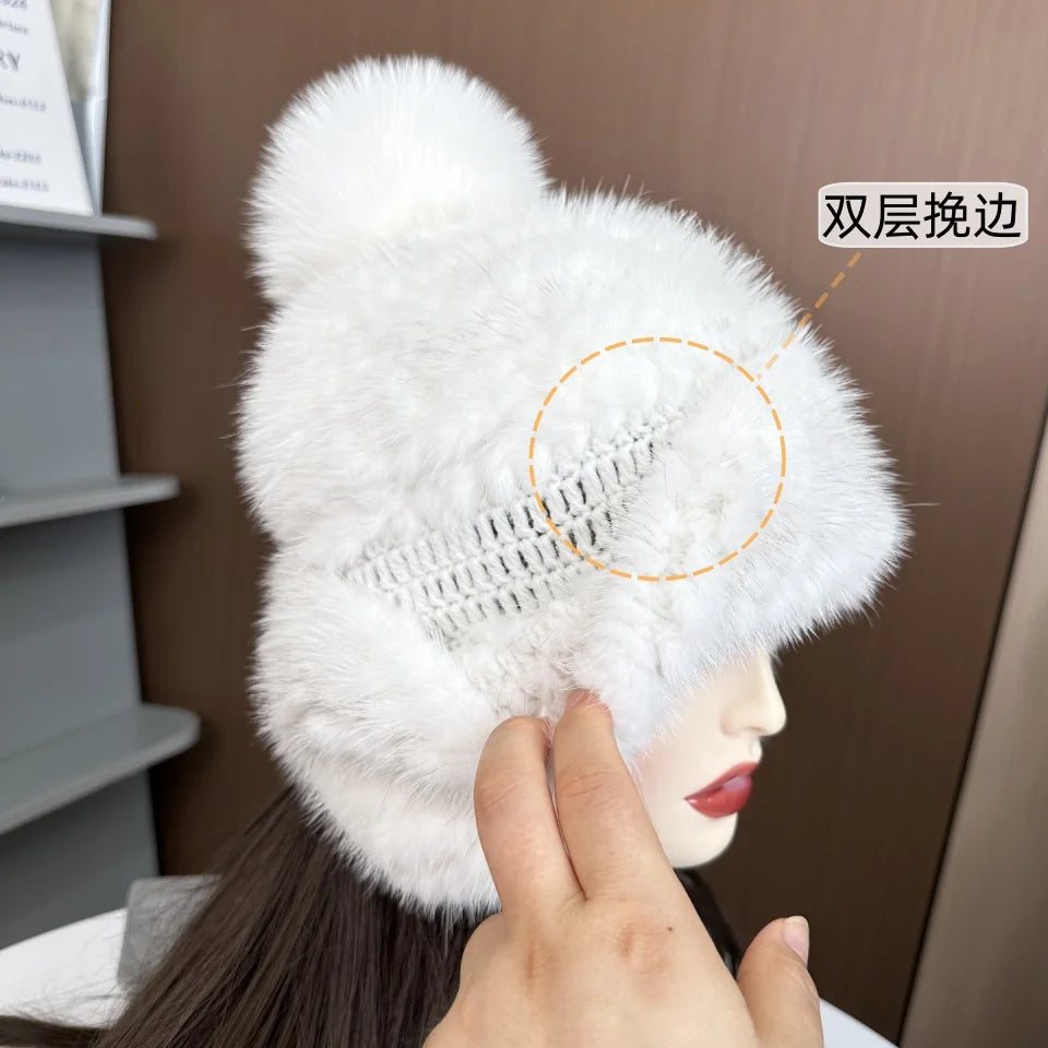 New Winter Ladies Real Mink Fur Hat Warm Thickened Ear Protection Knitted Cap Ladies Winter Fashion Accessories