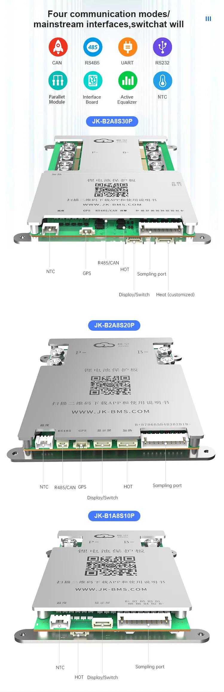 JK BMS 100A Jikong BMS JK-B1A8S10P Smart BMS 8S 24V Active Balance 1A BMS for LiFePO4 Lithium Ion Battery BMS RS485 CAN App BT